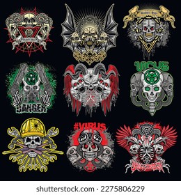 set gothic sign with skull, grunge vintage design t shirts