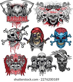 set gothic sign with skull, grunge vintage design t shirts