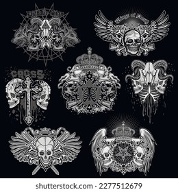 set gothic sign with skull, grunge vintage design t shirts
