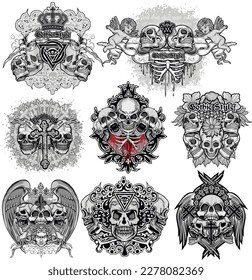 set gothic sign with skull, grunge vintage design t shirts
