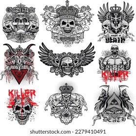 set gothic sign with skull, grunge vintage design t shirts