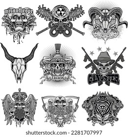 set gothic sign with skull, grunge vintage design t shirts
