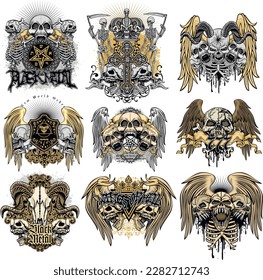 set gothic sign with skull, grunge vintage design t shirts