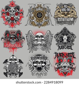 set gothic sign with skull, grunge vintage design t shirts