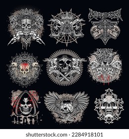 set gothic sign with skull, grunge vintage design t shirts