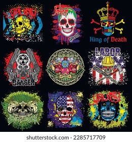 set gothic sign with skull, grunge vintage design t shirts