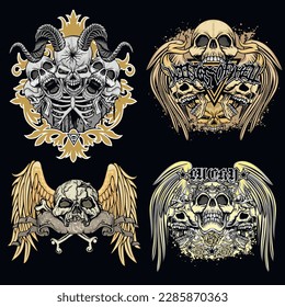 set gothic sign with skull, grunge vintage design t shirts