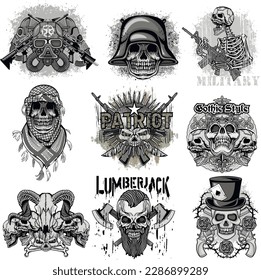 set gothic sign with skull, grunge vintage design t shirts