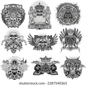 set, gothic sign with skull, grunge vintage design t shirts