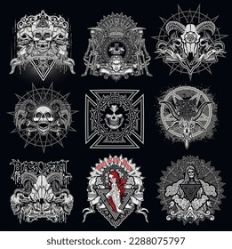 set, gothic sign with skull, grunge vintage design t shirts