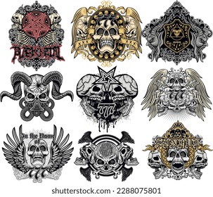 set gothic sign with skull, grunge vintage design t shirts