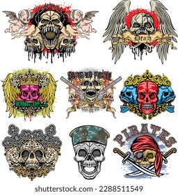 set gothic sign with skull, grunge vintage design t shirts