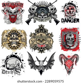 set gothic sign with skull, grunge vintage design t shirts
