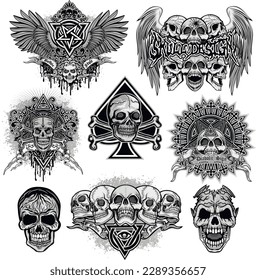 set gothic sign with skull, grunge vintage design t shirts
