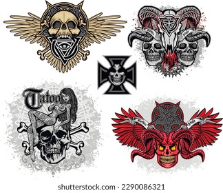 set gothic sign with skull, grunge vintage design t shirts
