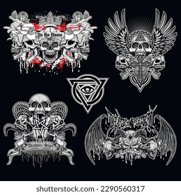 set gothic sign with skull, grunge vintage design t shirts
