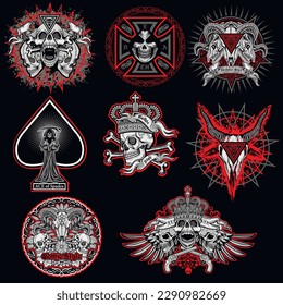 set gothic sign with skull, grunge vintage design t shirts

