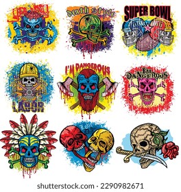set gothic sign with skull, grunge vintage design t shirts
