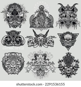 set gothic sign with skull, grunge vintage design t shirts
