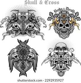 set gothic sign with skull, grunge vintage design t shirts