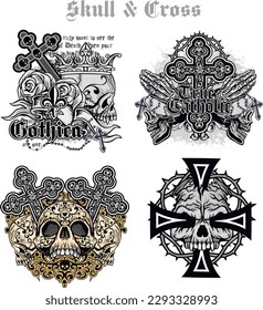set gothic sign with skull, grunge vintage design t shirts