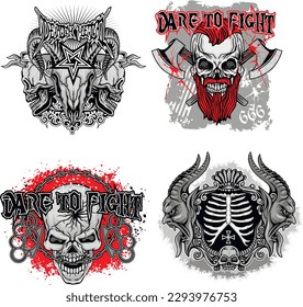 set gothic sign with skull, grunge vintage design t shirts