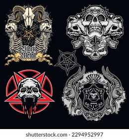 set gothic sign with skull, grunge vintage design t shirts