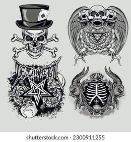 set gothic sign with skull, grunge vintage design t shirts

