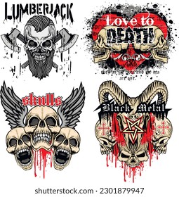 set gothic sign with skull, grunge vintage design t shirts