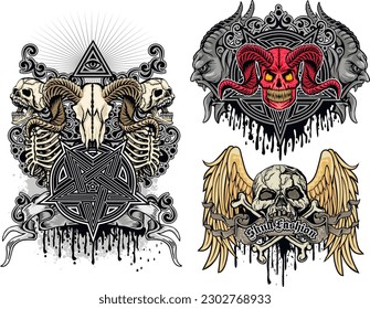 set gothic sign with skull, grunge vintage design t shirts

