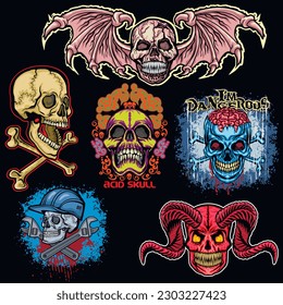 set gothic sign with skull, grunge vintage design t shirts

