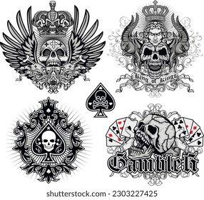 set gothic sign with skull, grunge vintage design t shirts

