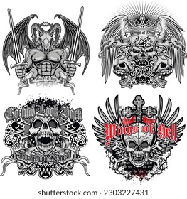 set gothic sign with skull, grunge vintage design t shirts

