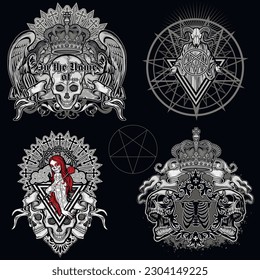 set gothic sign with skull, grunge vintage design t shirts