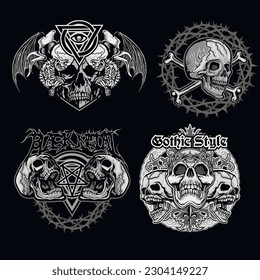 set gothic sign with skull, grunge vintage design t shirts