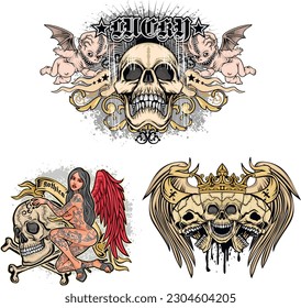 set gothic sign with skull, grunge vintage design t shirts