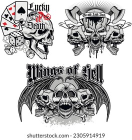 set, gothic sign with skull, grunge vintage design t shirts
