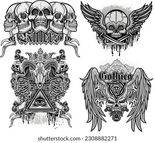 set, gothic sign with skull, grunge vintage design t shirts