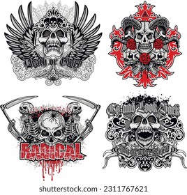 set, gothic sign with skull, grunge vintage design t shirts