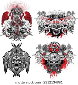 set, gothic sign with skull, grunge vintage design t shirts
