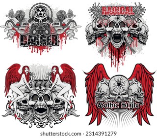 set, gothic sign with skull, grunge vintage design t shirts
