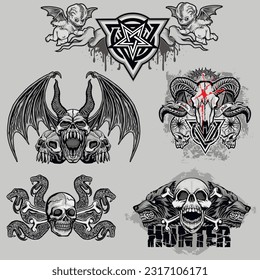 set, gothic sign with skull, grunge vintage design t shirts
