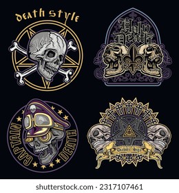 set, gothic sign with skull, grunge vintage design t shirts
