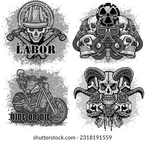set, gothic sign with skull, grunge vintage design t shirts
