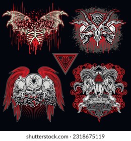set, gothic sign with skull, grunge vintage design t shirts