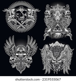 set, gothic sign with skull, grunge vintage design t shirts
