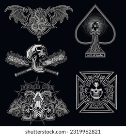 set, gothic sign with skull, grunge vintage design t shirts
