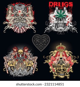 set, gothic sign with skull, grunge vintage design t shirts
