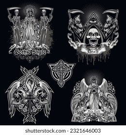 set, gothic sign with skull, grunge vintage design t shirts