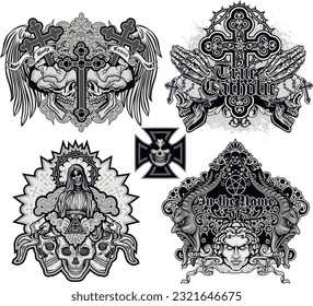 set, gothic sign with skull, grunge vintage design t shirts